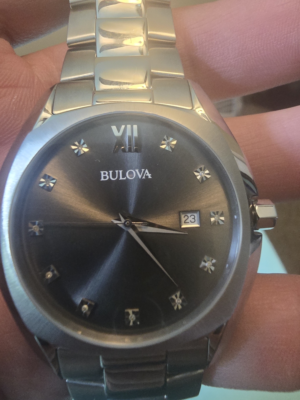 Bulova Silver Stainless Steel Watch with Black Sunburst Dial - 42mm